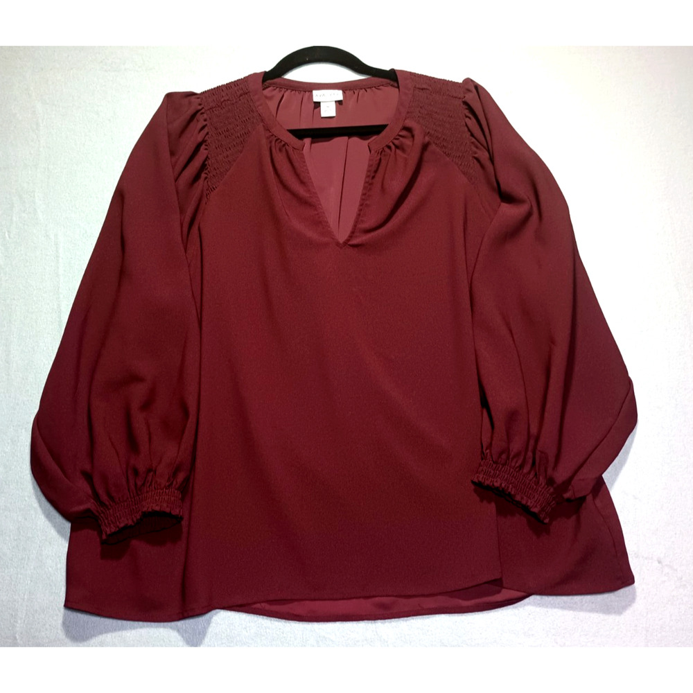 Ava & Viv 1X Burgundy Peasant Blouse Womens Plus Smocked Balloon Sleeve Split Ne